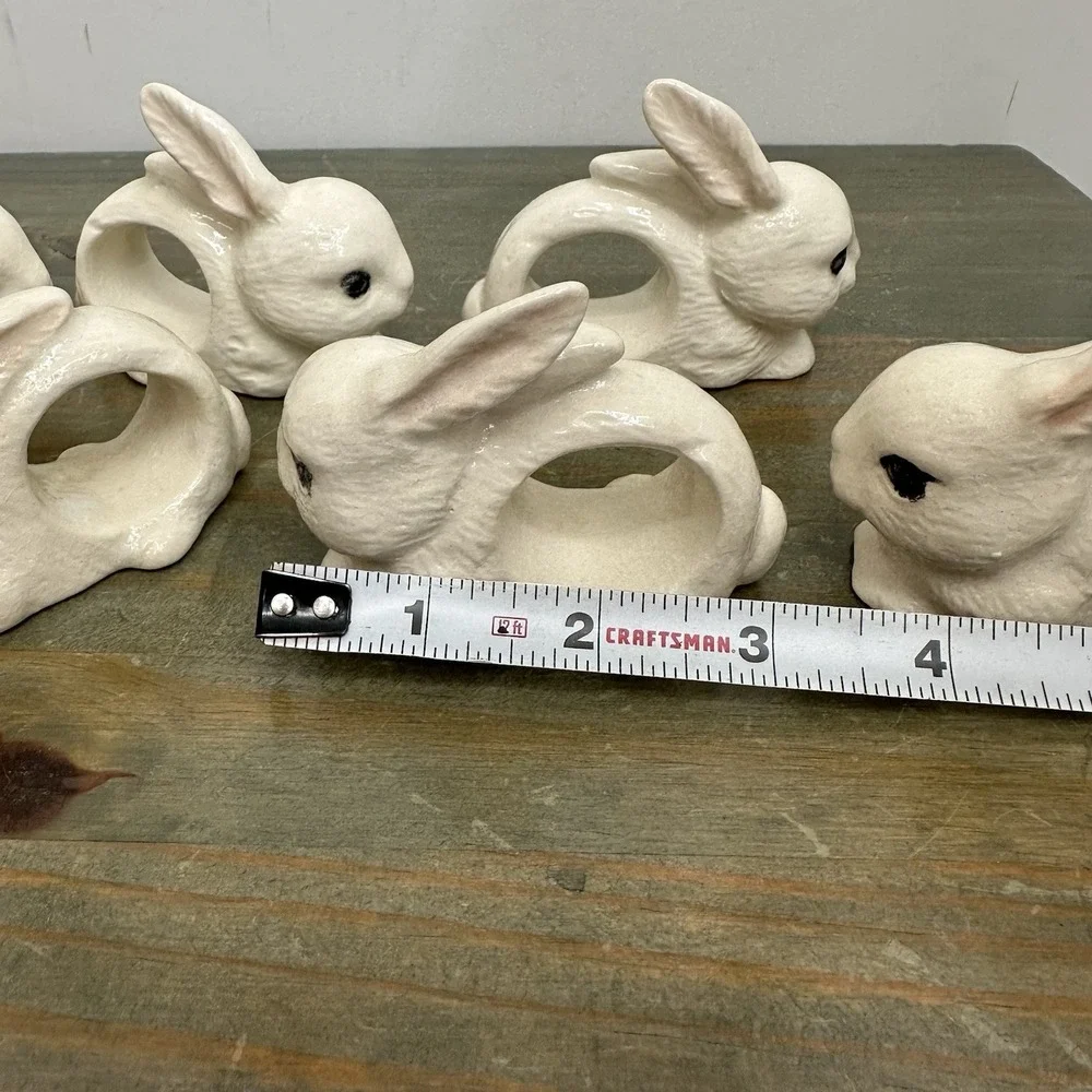 Set Of 6 Ceramic White Bunny Rabbit Napkin Ring Holders Handmade Easter Bunnies